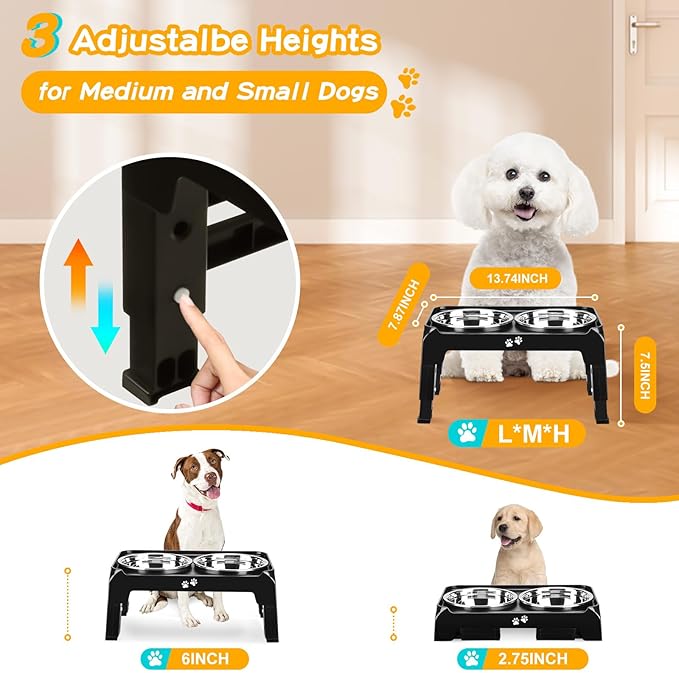 COMESOON Elevated Dog Bowls for Small Medium Dogs, 3 Height Adjustable Raised Stand with 2 Thick 6" Stainless Steel Food Bowls, Non-Slip Feeder Adjusts to 2.75", 6", 7.5", Black