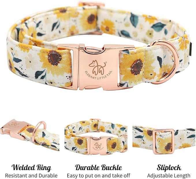 Elegant little tail Dog Collar, Sunflower Pattern Pet Collar Durable Cute Dog Collars Summer Fall Female Pet Gift Adjustable Dog Collar for X-Large Dogs