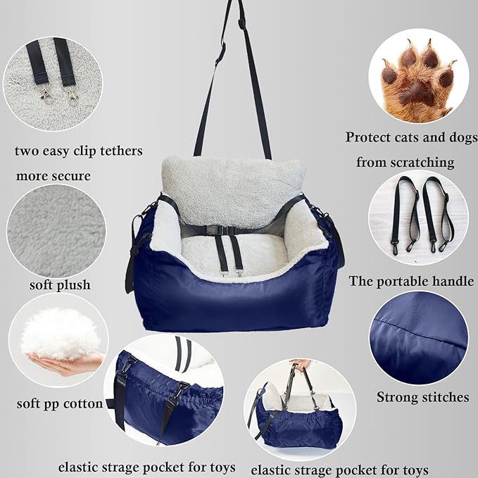 Dogs Car Seat for Small Dog,Fully Detachable and Washable Ultra Soft Cars Travel Bed,with Clip-on,Two Portable Handle and Storage Pockets Puppy Dog Booster Seats Under 25,Small Cat Car Seat