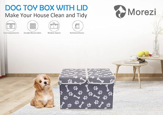 Pet Toy Storage Box with Lid Basket Organizer - Perfect Collapsible Bin for Living room, Playroom, Closet, Home Organization - Bone Paw