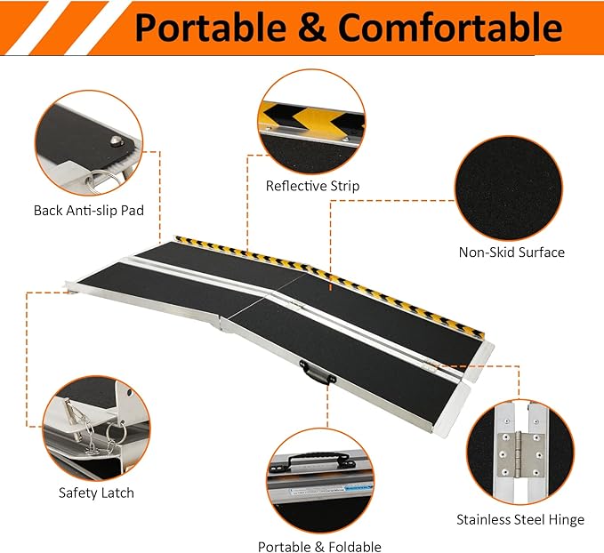 Portable Wheelchair Ramp 8FT, 96" L x 29" W Non-Skid Aluminum Foldable Handicap Ramps for Steps, 800lbs Capacity Threshold Ramps, Lightweight with Handle, for Home,Stairs,Doorways,Curbs (8FT)