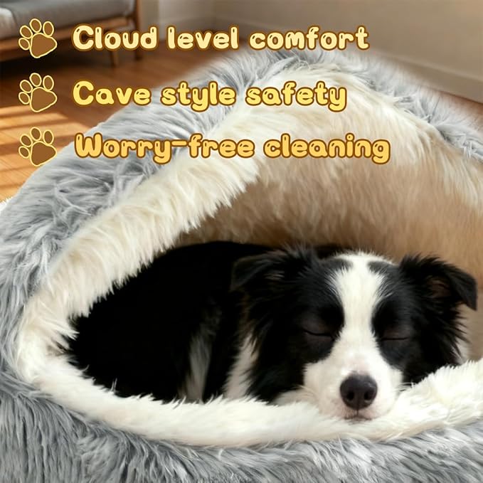 ShinHye Round Plush Fluffy Hooded Cat Bed Cave, Cozy for Indoor Cats or Small Dogs, Waterproof Bottom, Washable（40 in）