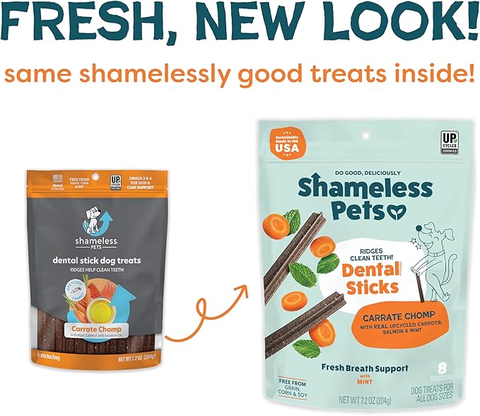Shameless Pets Dental Treats for Dogs, Carrate Chomp - Healthy Dental Sticks with Skin & Coat Support for Teeth Cleaning & Fresh Breath - Dog Bones Chews Free from Grain, Corn & Soy