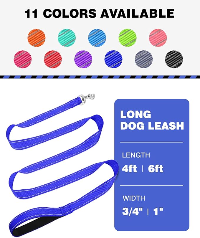 Reflective Dog Leash 4ft Soft Padded Handle Nylon Lead for Small & Medium Dogs, Durable Walking Training Leash for Night Safety (Royal Blue,3/4Inch Wide)