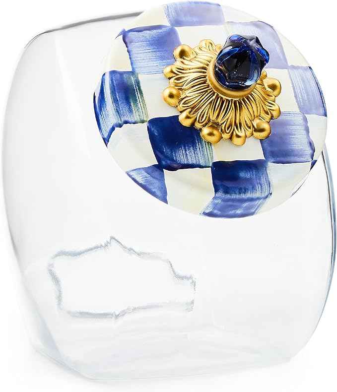 MACKENZIE-CHILDS Cookie Jar with Enamel Lid, Large Glass Treat Jar or Kitchen Jar, 1-Gallon Capacity, Blue-and-White Royal Check