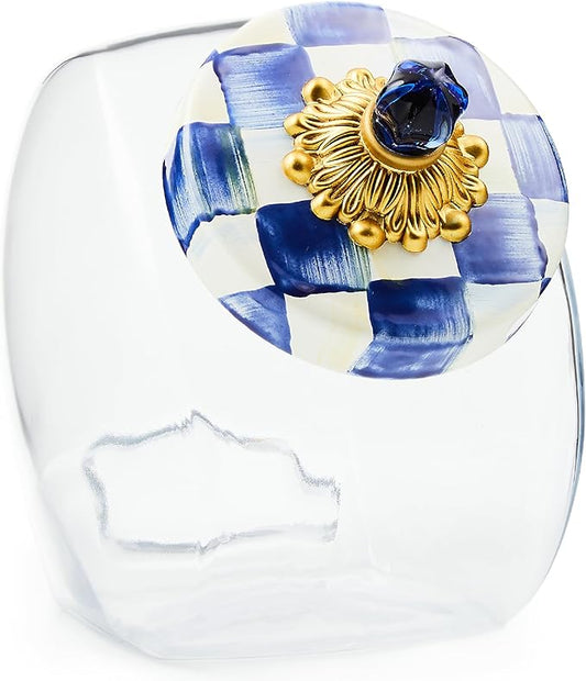 MACKENZIE-CHILDS Cookie Jar with Enamel Lid, Large Glass Treat Jar or Kitchen Jar, 1-Gallon Capacity, Blue-and-White Royal Check
