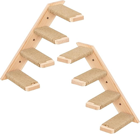Cat Climbing Stair Shelf, Wall Mounted Ladder 2PCS 4 Steps Reversible Left & Right Direction, for Cats up to 15 Pounds, Cat Stairway with Jute Scratching Ladder Shelves for Kitten Perch Sleeping