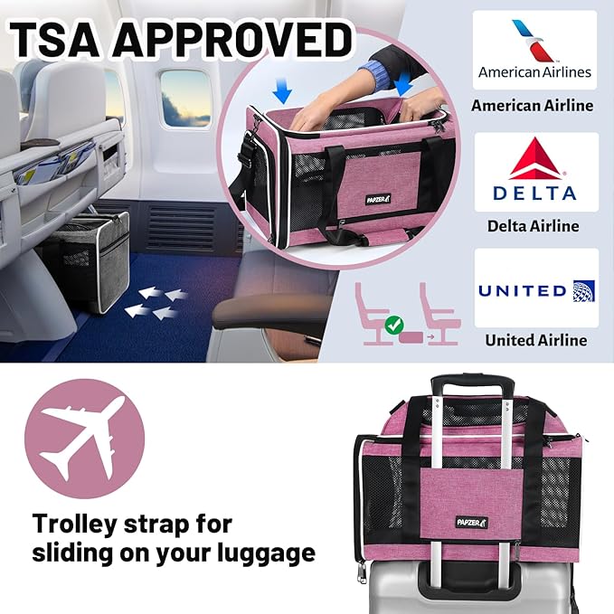 Top-Expandable Cat Carrier 18x11x11, United Delta American Airline Approved Dog Travel Carrier, Soft-Sided Pet Carry Bag Under-Seat in Cabin, Puppy Airplane Crate TSA Plane Kitten Cage Pink