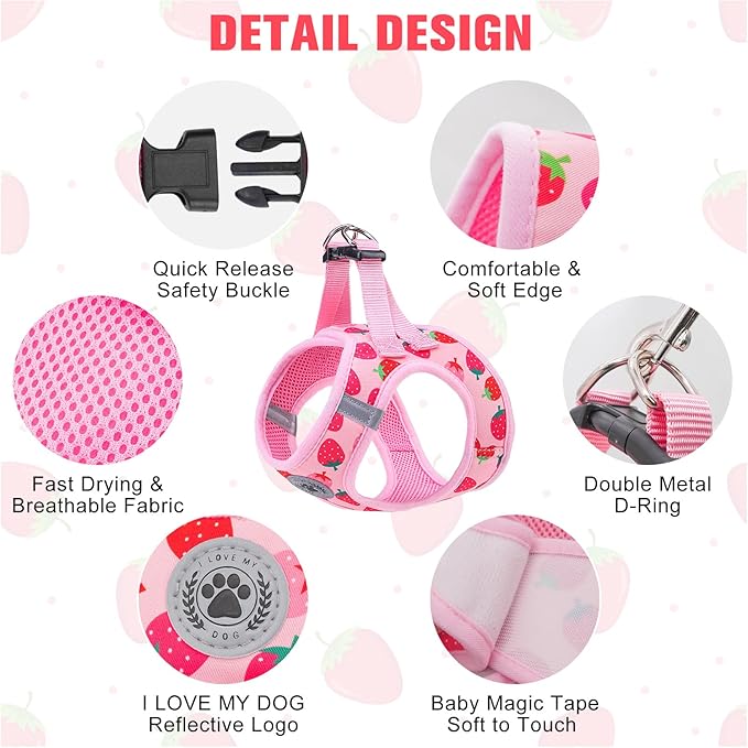 BEAUTYZOO Step in Dog Harness and Leash Set,Reflective Dog Harness No Pull No Choke Puppy Harness for Small Medium Large Dogs Cats,Soft Padded Mesh Vest Harnesses for Girl and Boy Pets, Strawberry S