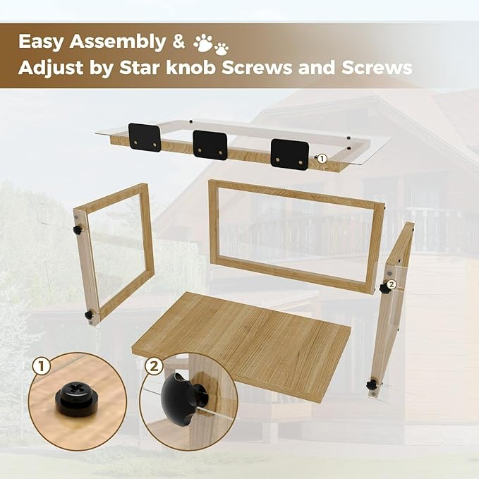Cat Window Perch Outdoor Enclosure, Wooden Catio Weatherproof Window Box with Clear Acrylic Panels, 360° View Sunbathing Ledge for Indoor Cats