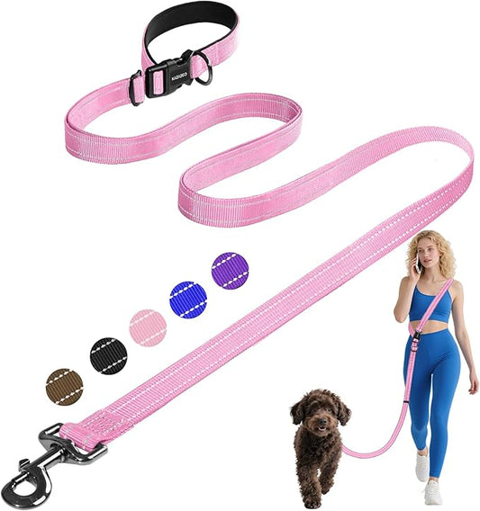 Kazazoo Hands-Free Dog Leash Adjustable Length 5-8 Ft, Waist for Dog Walking, Running for Small &Medium Dogs with Reflective Strips, Ballistic Nylon, Waist Belt, Lightweight Pink