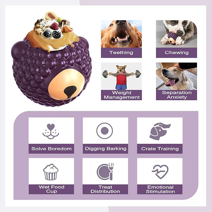 3 in 1 Large-Size Raspberry Dog Fillable Lick Treat Toy,Long-Lasting Ultimate Boredom Buster, Kibble Dispenser Food Ball & Dogs Chew Toys BPA-Free