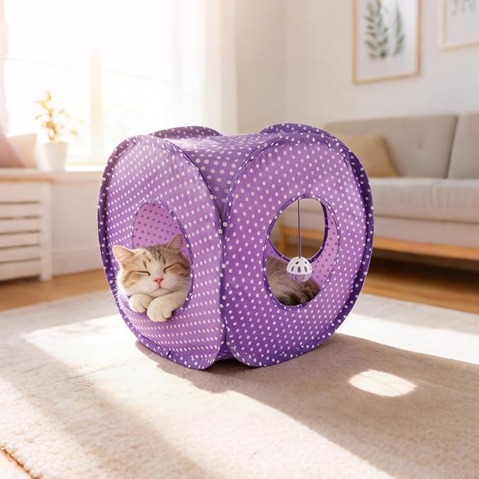 Andiker Cat Tent, 3 Holes Safe and Strong Cute Cats Tunnel Collapsible Easy to Carry Cat House for Indoor Cats Kittens Hiding Playing Training Sleeping (Square Purple)