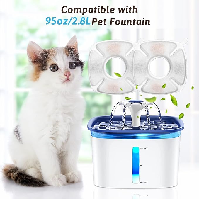 16 Pcs Cat Fountain Replacement Filters 8 Pack Cat Water Fountain Replacement Filters with 8 Pack Pre-Filter Sponges, Pet Fountain Filter Fit for 95oz/2.8L Automatic Pet Fountain Cat Water Fountain
