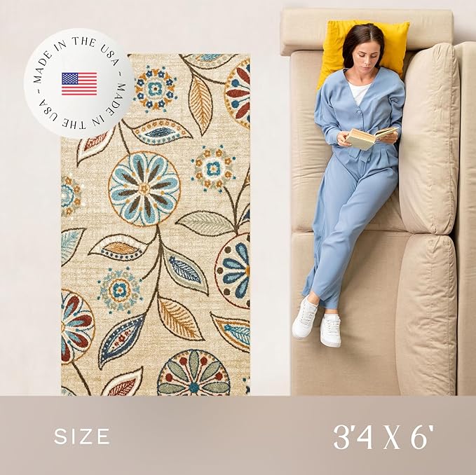 Maples Rugs Reggie Floral Area Rug - Made in USA - Washable, Non Slip, Pet-Friendly Mats for Living Room, Bedroom, and Office, 3'4" x 6', Beige