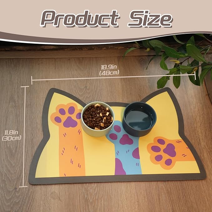 Le couranT Cat Food Plastic Placemat,Pet Feeding Mat, Dog Cat Bowl, Non-Slip Super Absorbent,Quick Dry, Accessories Pet Supplies.Backing Pet Placemat for Messy Drinkers. Lovely Heads-12x19 in