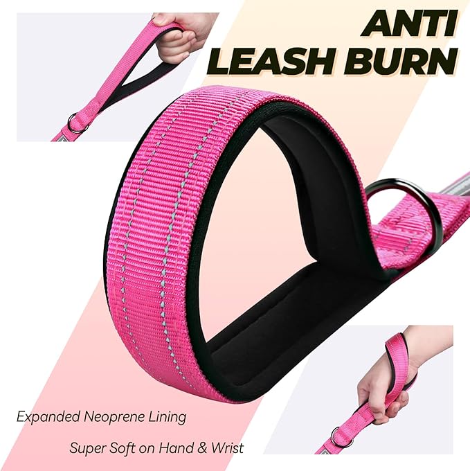 VIVAGLORY Twingrip Dog Leash, Double Handle Dog Leash for Training & Walking with Traffic Handle & 2 Loop, Traffic Control Reflective Heavy Duty for Puppy Pet, 6ft x 1in, Pink