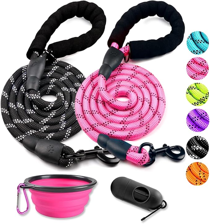 COOYOO 2 Pack Dog Leash 6 FT Heavy Duty - Comfortable Padded Handle - Reflective Dog Leash for Medium Large Dogs with Collapsible Pet Bowl Set 1-Black+Pink
