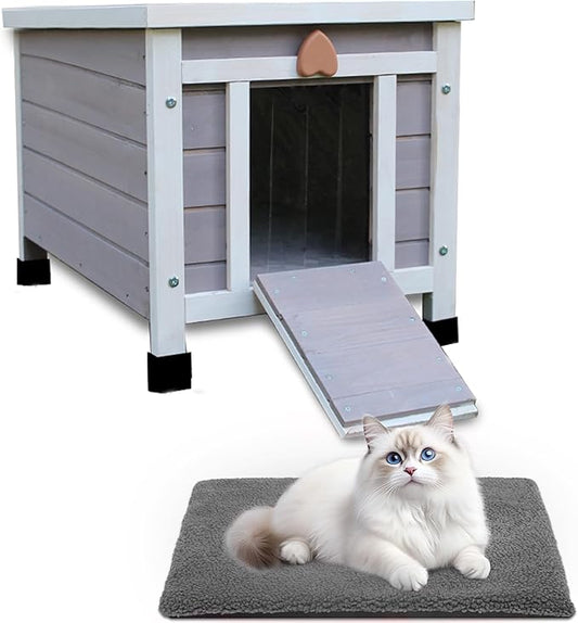 Rockever Outdoor Cat House with Soft Mat, Waterproof cat House for Feral Cats Rabbit Hutch Small, Wooden Small Pet House and Habitats-Grey with Mat