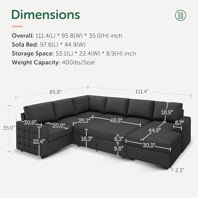 HONBAY Sectional Sleeper Sofa with Pull-Out Bed Storage Chaise,Modular Couch for Living Room, Dark Grey