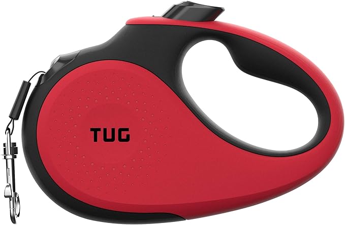 TUG Tiny 360° Tangle-Free Retractable Dog Leash with Anti-Slip Handle | 10 ft Nylon Tape | One-Handed Brake, Pause, Lock (Red)