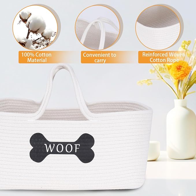 Woven Dog Toys Basket,Cotton Rope Baskets for Dog Cat Accessories,Pet Storage Tote with Long Handle for Snack and Camping Essentials,Ideal for Car Trunk, RV trip,Picnic