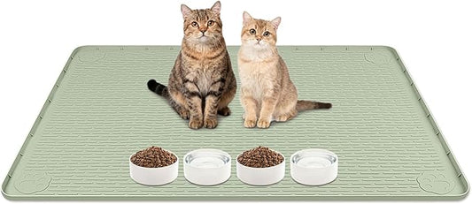 Lanstics Cat Food Mat, 40" x 28" Large Silicone Mat Cat Feeding Mat with Raised Edge Non-Slip Pet Feeding Mat for Food and Water Bowl, Easy to Clean, Floor Protection (Green)