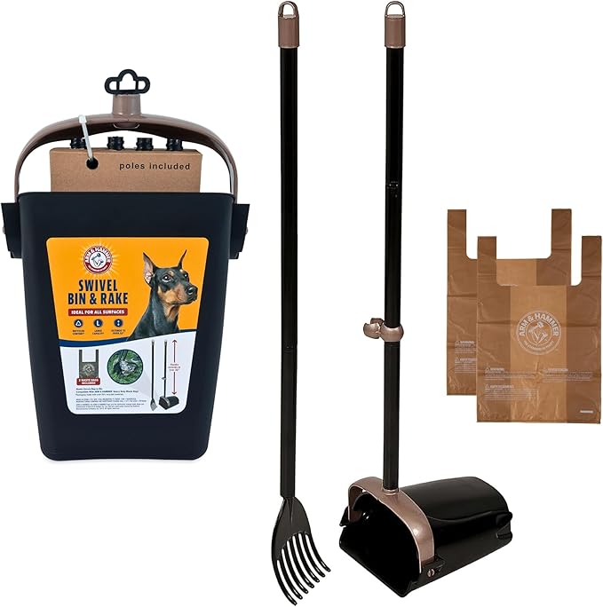 Arm & Hammer Dog Pooper Scooper Swivel Bin & Rake, Poop Scoop for Dogs, Black (2 Heavy Duty Scented Waste Bags Included)
