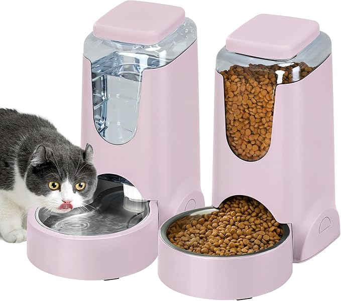 2 Pack Automatic Cat Feeder and Stainless Steel Water Dispenser, Gravity Dog Waterer Set Food Feeder and Waterer Set for Small Medium Kitten Puppy Pets(1 Gallon x 2, Violet)