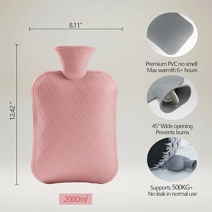 FORICOM Hot Water Bottle for Pain Relief，Period Cramps,Menstrual, Hot Water Bag for Sleeping, Tummy. 2Liter,Non Toxic Silicone