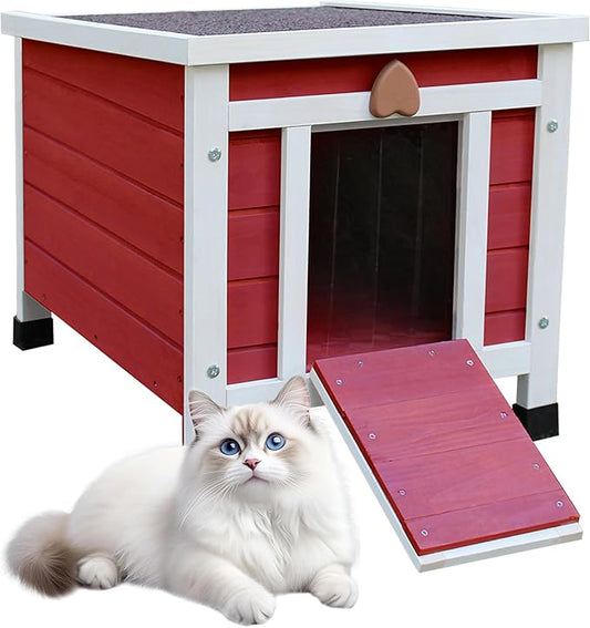 Rockever Outdoor Cat House,Outdoor cat Houses for Feral Cats Weatherproof Rabbit Hutch Small, Wooden Small Pet House and Habitats-Red
