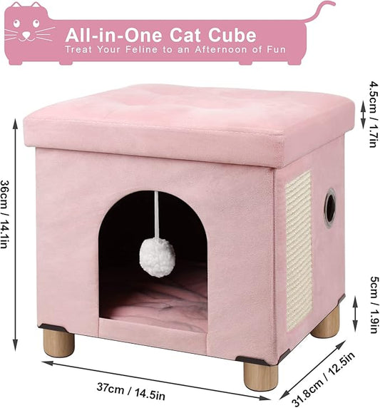 BRIAN & DANY Foldable Cat House, Cat Cave, Cat Cube with Scratch Board & Ball, 12.5" x 14.5” x 14.1”, Pink