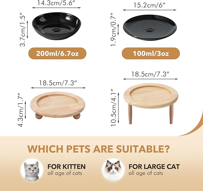 Raised Ceramic Wide Whisker Friendly Cat Dishes, Food&Water Bowl with 2 Style Stand Adjustable Pet Bowl Set(1Dish+1Shallow Dish+Stand, Black
