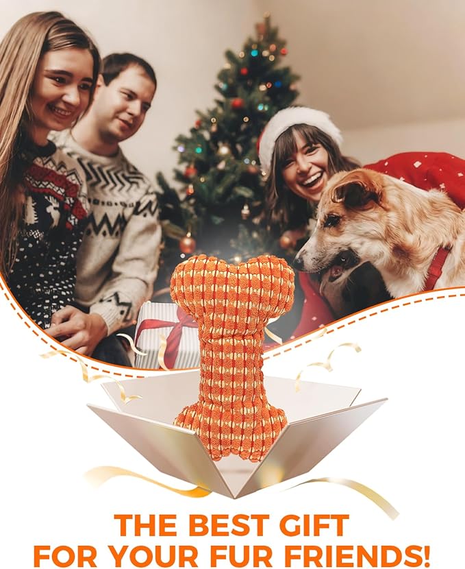 Squeaky Dog Toys for Small Dogs, Interactive Dog Plush Toy for Tough Play, Durable Chew Gifts for Puppy Teething to Keep Them Busy and Relieve Boredom (Orange Bone)