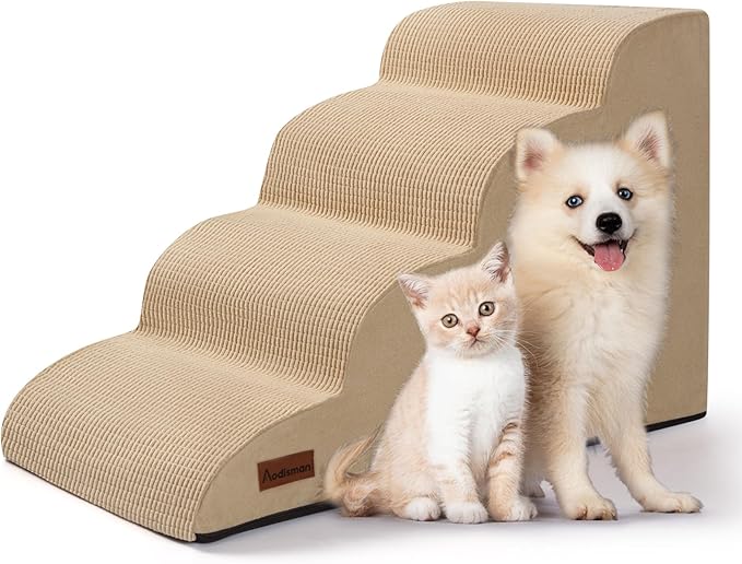 Dog Steps for Bed, 4-Step Dog Stairs Ramp for Small Dogs and Cats, Indoor Non-Slip Pet Stairs Suitable for Older, Short-Legged, and Puppy Dogs to Climb Onto High Beds and Couch, 17.4" H,Khaki