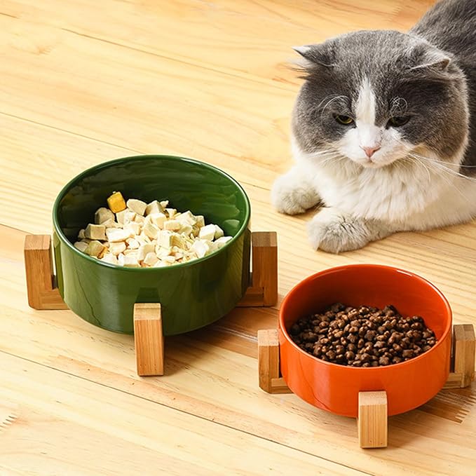 Petygooing Dog Bowls,Ceramic Cat Dog Bowl Set with Wood Stand for Food and Water,Non-Slip Cute Modern Pet Dish for Cats Small Size Dogs Puppy (13.5OZ/5.1 in) Rust Red