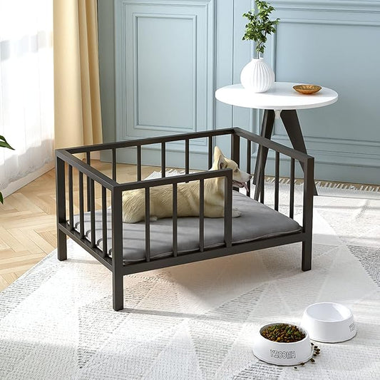 Dog Bed with Rails - Elevated Pet Metal Bed Frame with Solid Wood Board and Washable Soft Mat for Small Dog Indoor or Outdoor Use, 21.3" x 30", Black