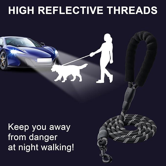 2 Pack Dog Leash, 4/5//6 FT Heavy Duty Nylon Rope Pet Leashes with Comfortable Padded Handle, Reflective Dog Leashes for Small Medium and Large Dogs (5FT-1/2,Black/Yellow)