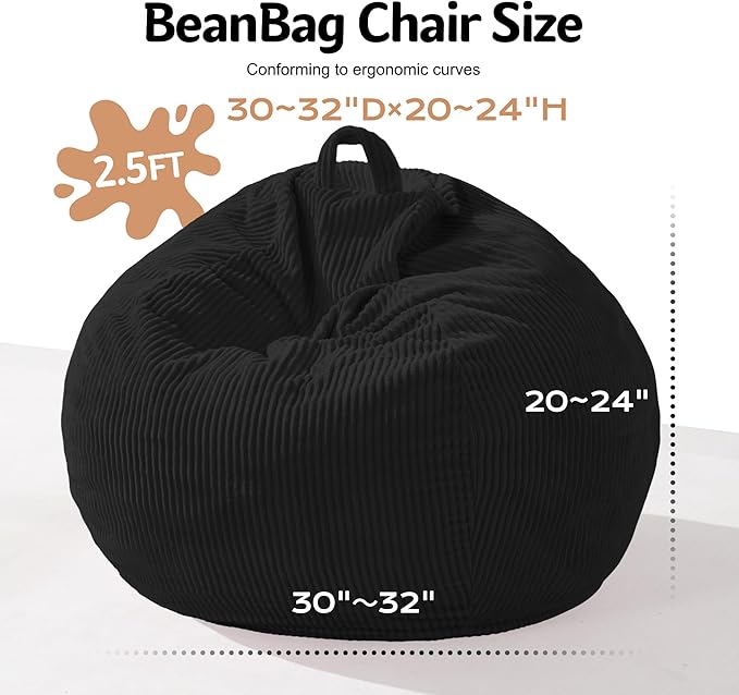 Homguava 2.5FT Bean Bag Chair,Teardrop Bean Bags Small Beanbag Chair with Memory Foam Filled and Ultra Soft Corduroy Cover for Living Room, Bedroom (Black)