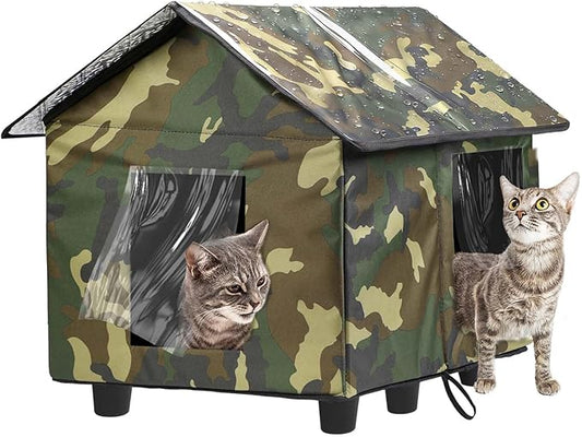 Elevated Insulated Outdoor Cat House Weatherproof - 20"x19"x17" Waterproof PVC Top & Aluminum Film Liner Camouflage Feral Cat Shelters for Keeping Cats Winter Warm, Green