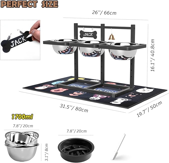 Elevated Dog Bowls for Large Dogs, 6 Height Adjustable Raised Stand with Mat, Slow Feeding Bowl and Three 1700ML Bowls, for Large Breed and Multi-Pet Households