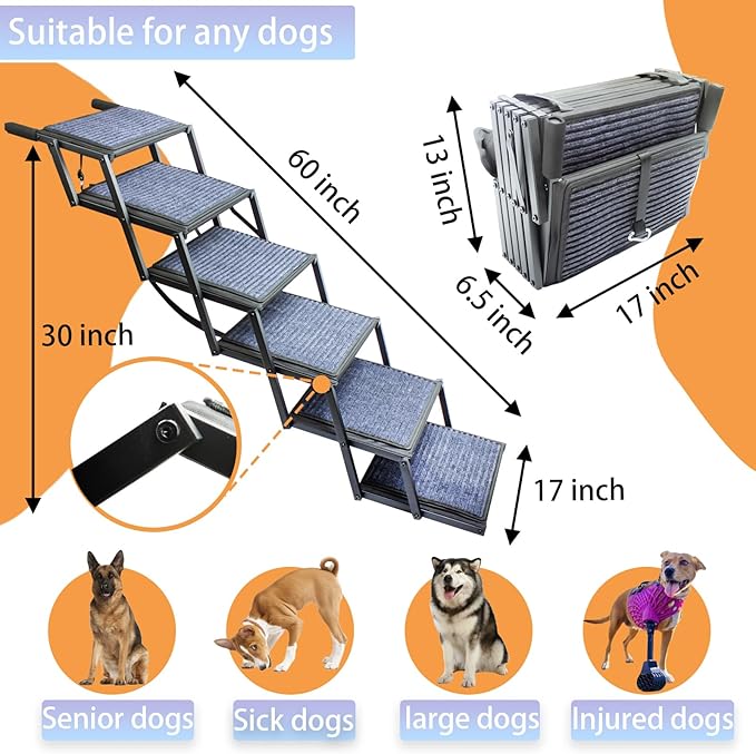 Dog Ramp for Car Truck and SUV Dog Stairs for Large Dogs Folding Pet Stairs with Non-Slip Rug Surface Supports Up to 250 lbs (6 Steps)