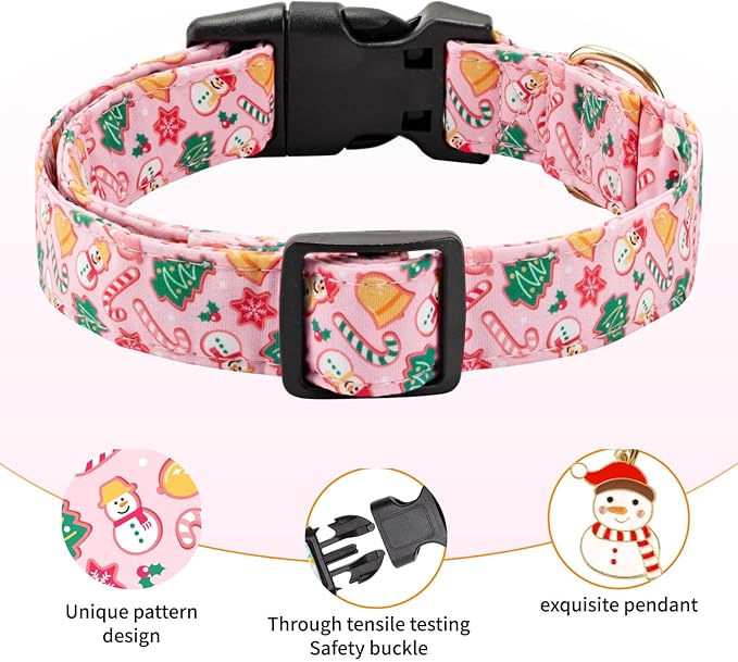Christmas Dog Collar,Adjustable Cute Puppy Collar with Snowman Patterned Design for Small Medium Large Dogs,Soft and Fancy Pet Collar with Safety Buckle for Girl Boy Dogs (Pink Snowman, L)
