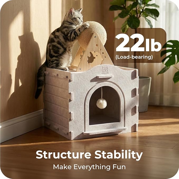 Apasiri Cat Cave Bed for Indoor Cats - Insulated Felt Cat House Indoor Hideaway, Modular Cat Houses & Condos with DIY Cat Tunnel, Scratch Resistant Pad Alternative, Small Cat Bed & Cat Furniture Gift