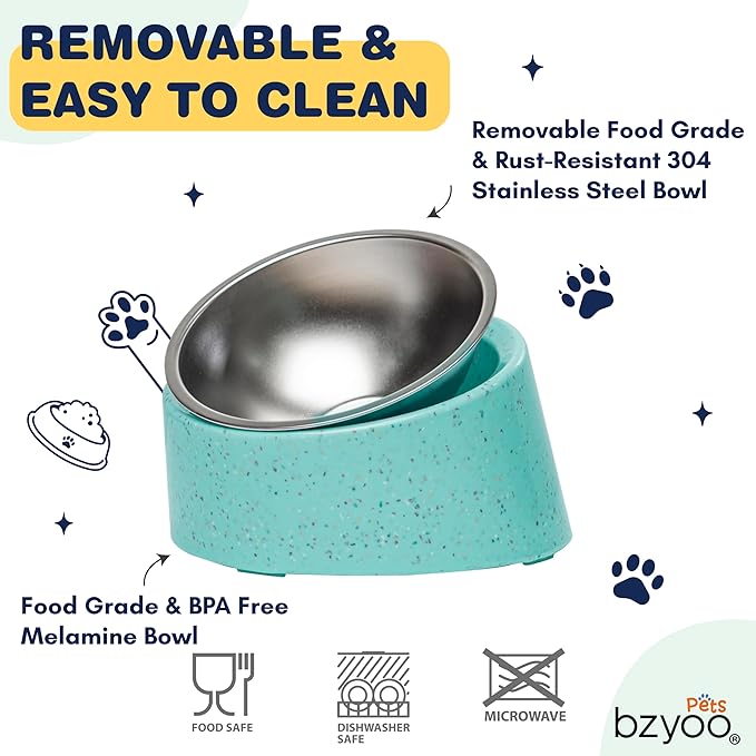 Bzyoo 2 Cup Tilted Dog Bowl for Small Dogs & Cats, Stylish Sprinkle Design, Elevated, Stainless Steel 16oz Inner Bowl, Non-Skid, Help Cotain Spills, Dishwasher Safe Color: White