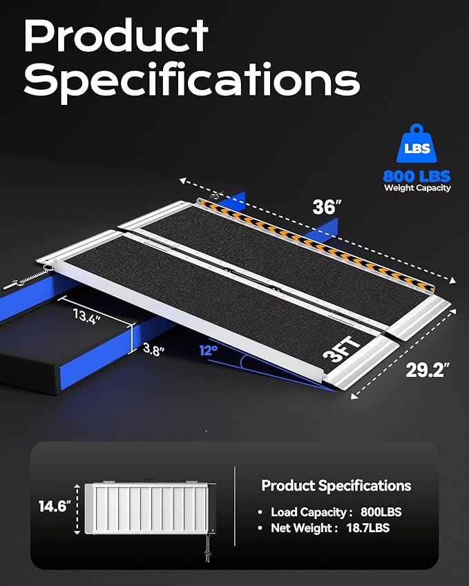 Portable Wheelchair Ramp 3FT, Non-Skid Aluminum Ramps for Wheelchairs for Home Steps, 800 LBS Capacity Handicap Ramp for Doorway, Threshold,Front Porch, Entry, Stairs 36" Lx 29.2" Wx2H