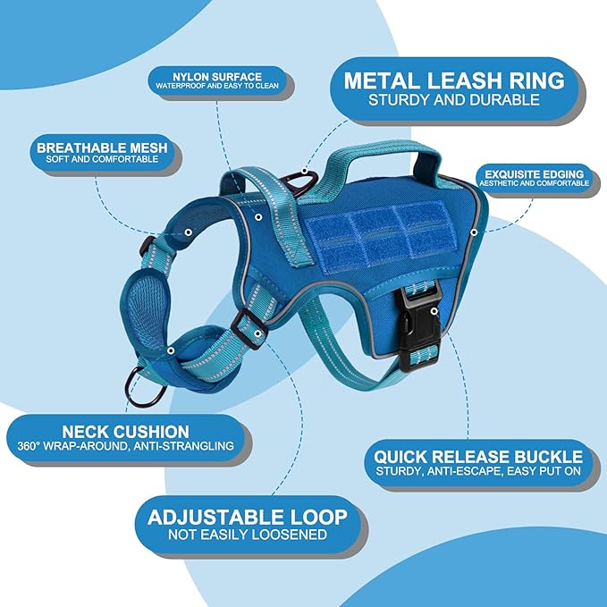 Small Dog Harness, Heavy Duty Tactical No Pull Dog Harness, No Choke, Easy On and Off Pet Vest with Molle System, Adjustable Reflective Dog Vest with Breathable Padded for Walking Hiking Training