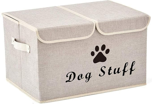 Large Dog Toys Storage Box Canvas Storage Basket Bin Organizer with Lid - Collapsible Linen Bin Ideal for Organizing Dog Cat Toys and pet Stuff-PP Boad-17" x 12" x 10" - Beige