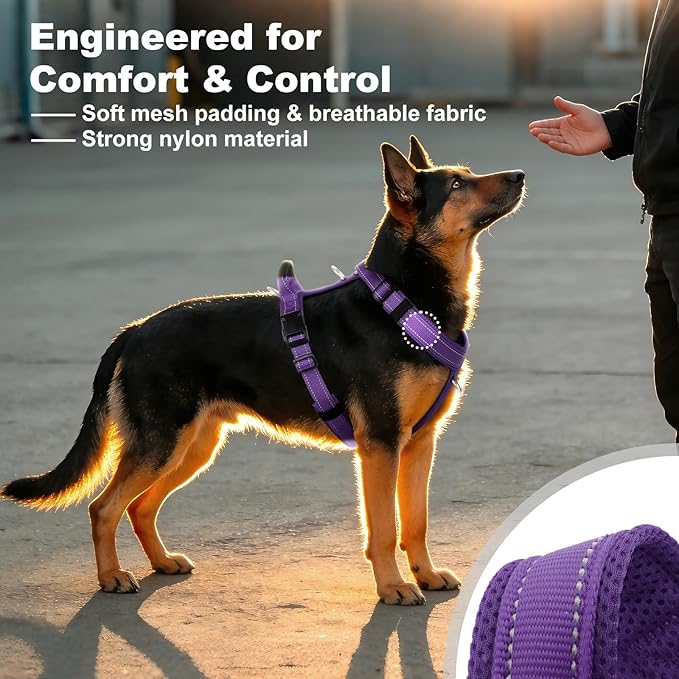 No Pull Dog Harness with Handle, Soft Mesh Padded Adjustable for Small Medium Large Dogs | Reflective Easy Walk Harness with Front Clip for Training, Running & Outdoor (Purple, L)