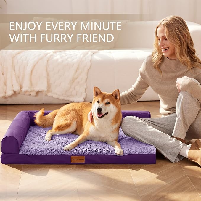 Patas Lague Orthopedic Dog Bed Large Sized Dog 36''X24'', Waterproof L Bolster Medium Pet Sofa Beds with Removable Washable Cover, Soft Comfortable Pet Couch Crate Mat with Nonskid Bottom, Purple